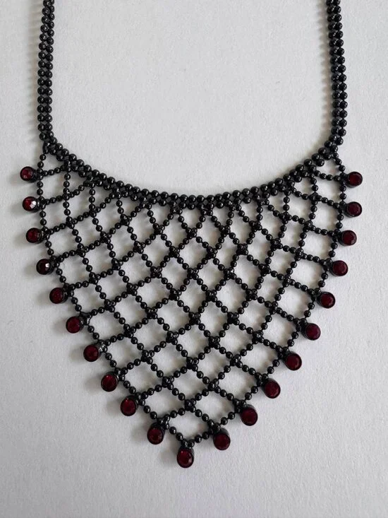 Givenchy Black Mesh Necklace Red Bead Fringe Gothic Bib Statement Signed - Picture 4 of 10